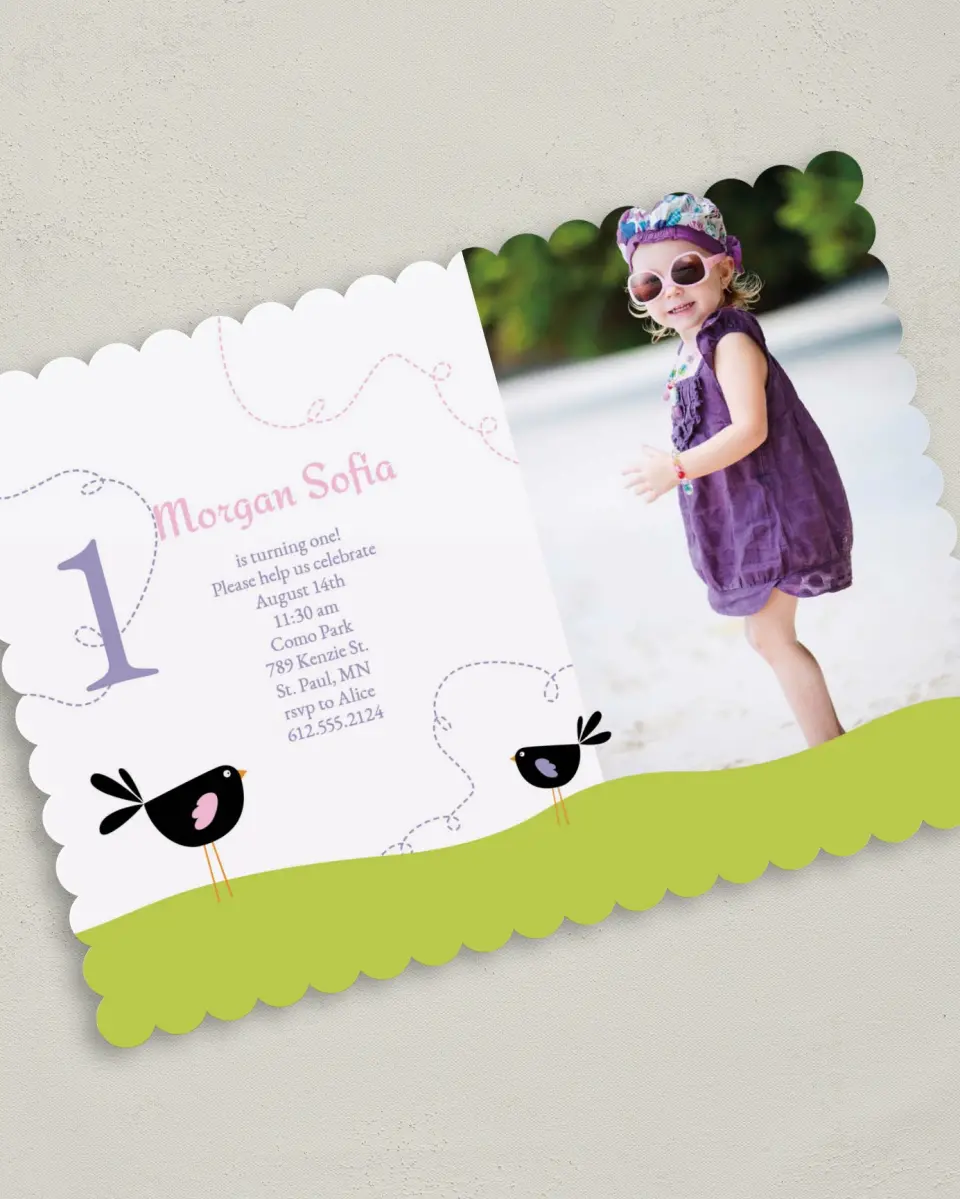 This is a 5" x 7" Birthday Party Invitation called Birthday Birds printed in full color on Premium Smooth paper