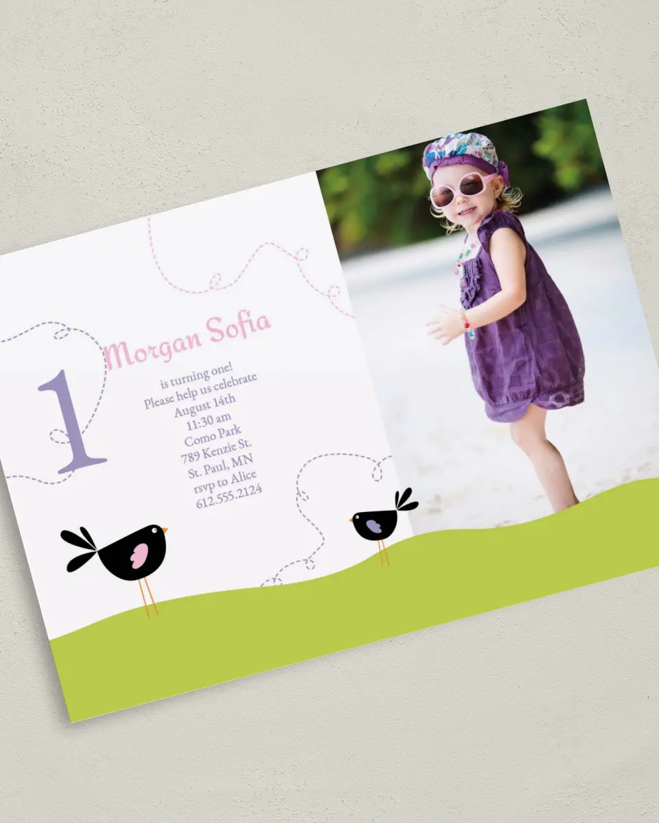 This is a 5" x 7" Birthday Party Invitation called Birthday Birds printed in full color on Premium Smooth paper