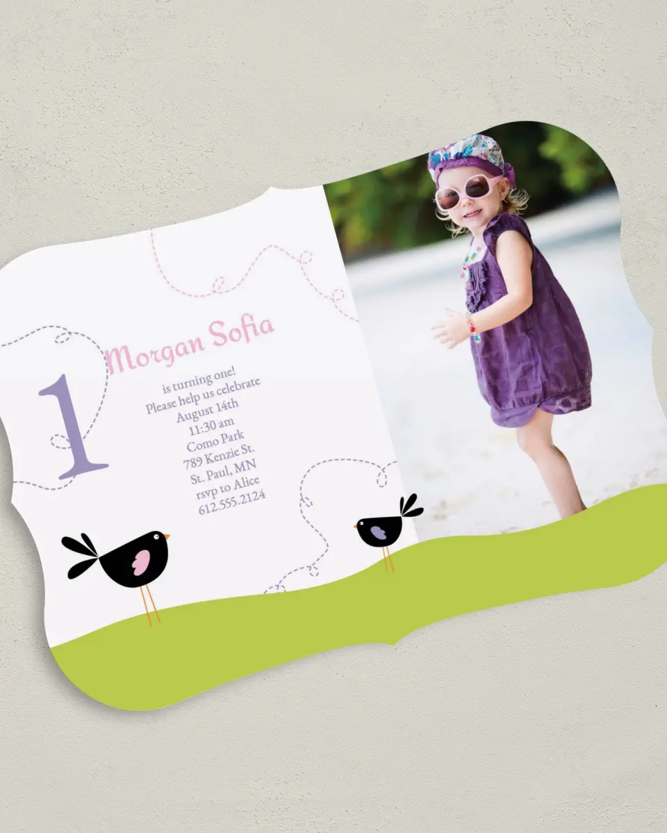 This is a 5" x 7" Birthday Party Invitation called Birthday Birds printed in full color on Premium Smooth paper