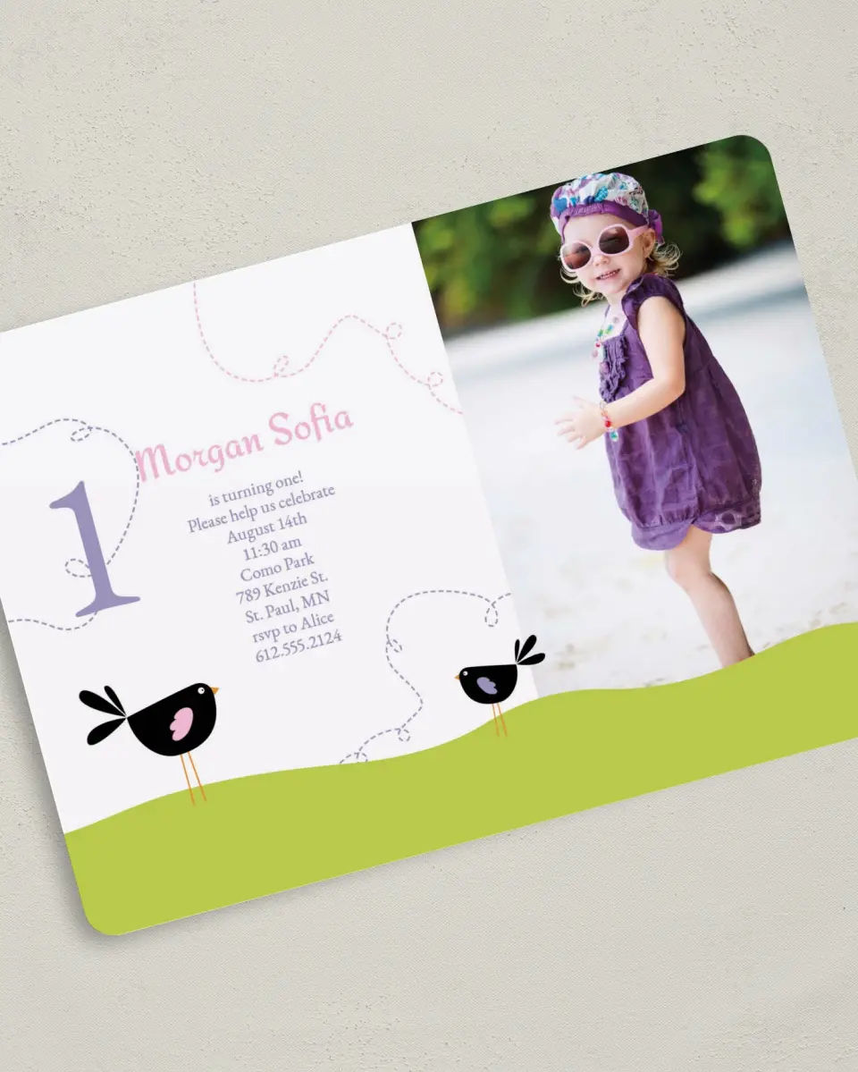 This is a 5" x 7" Birthday Party Invitation called Birthday Birds printed in full color on Premium Smooth paper