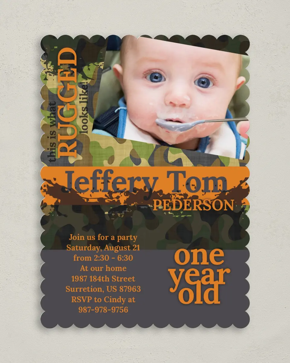 This is a 5" x 7" Birthday Party Invitation called Rugged printed in full color on Premium Smooth paper