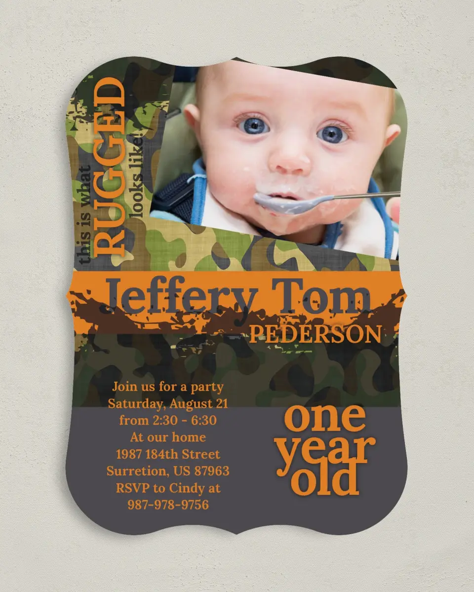 This is a 5" x 7" Birthday Party Invitation called Rugged printed in full color on Premium Smooth paper