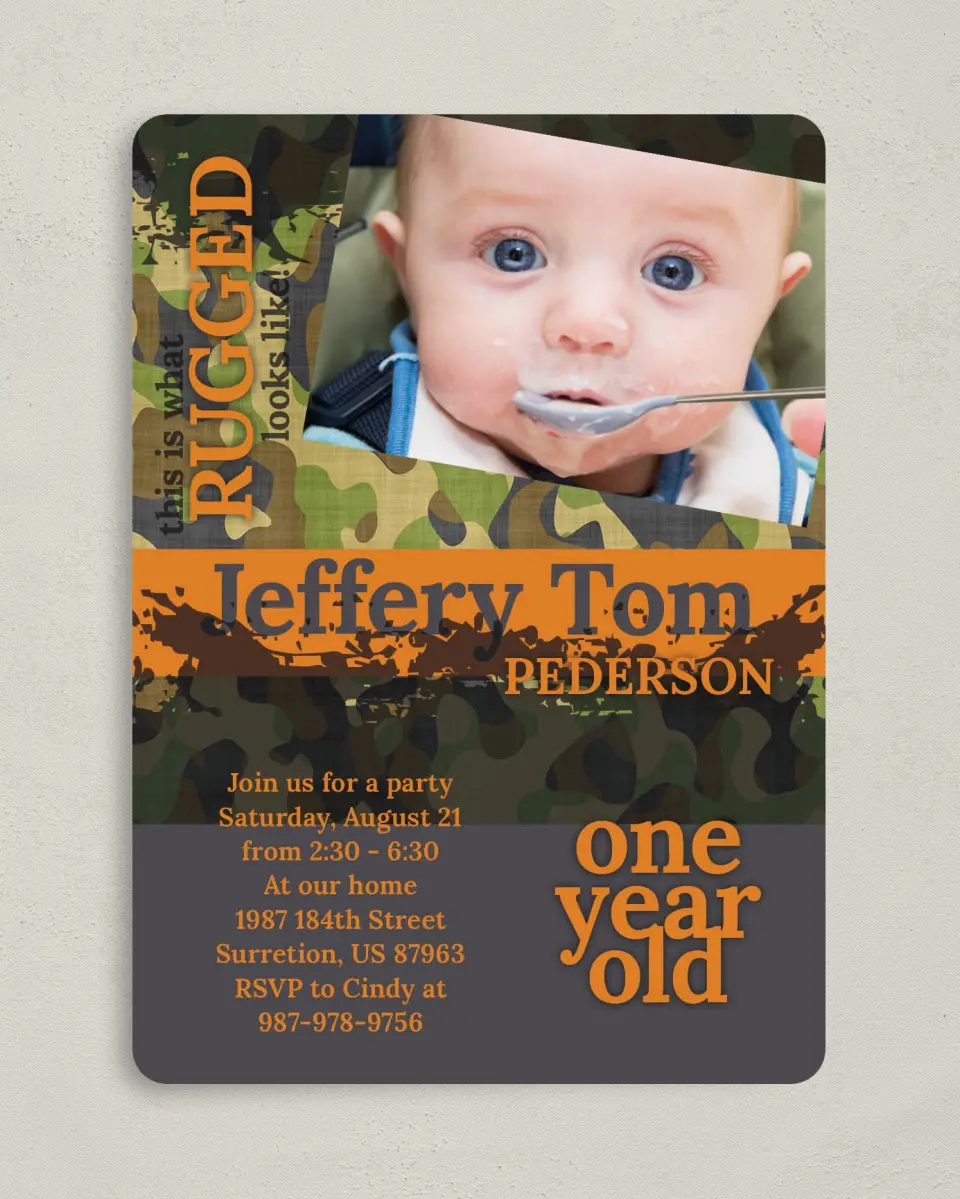This is a 5" x 7" Birthday Party Invitation called Rugged printed in full color on Premium Smooth paper