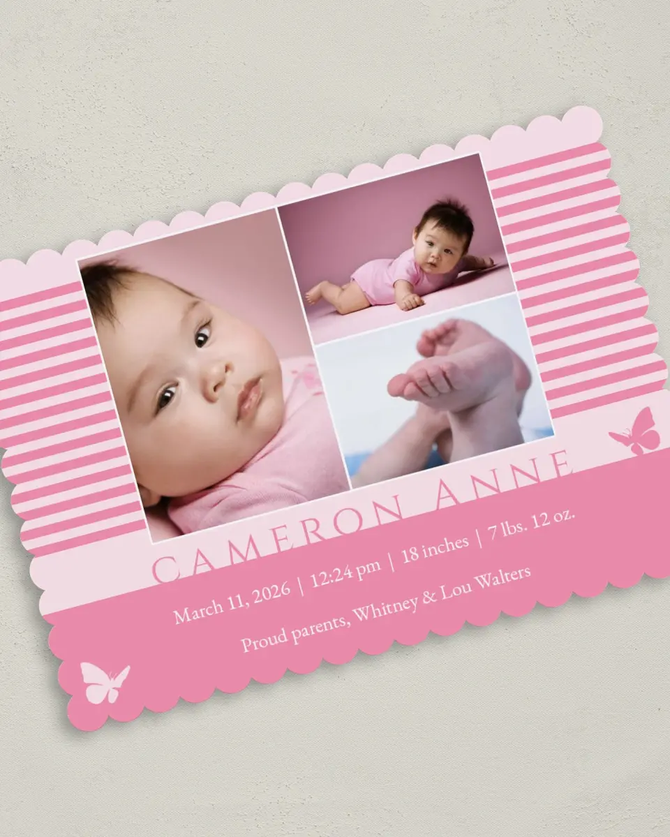 This is a 5" x 7" Birth Announcement Card called Butterfly Baby printed in full color on Premium Smooth paper