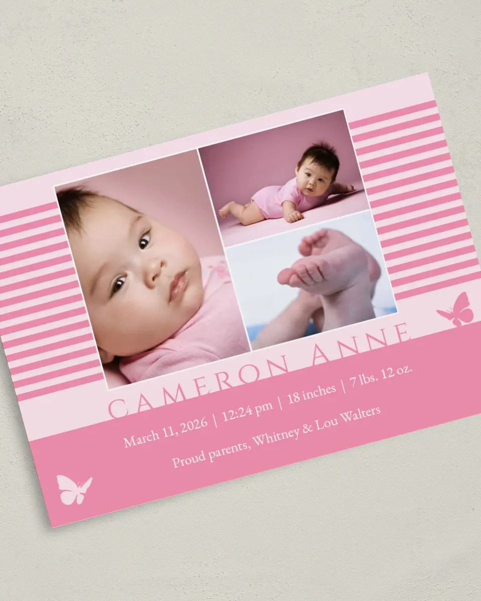 This is a 5" x 7" Birth Announcement Card called Butterfly Baby printed in full color on Premium Smooth paper