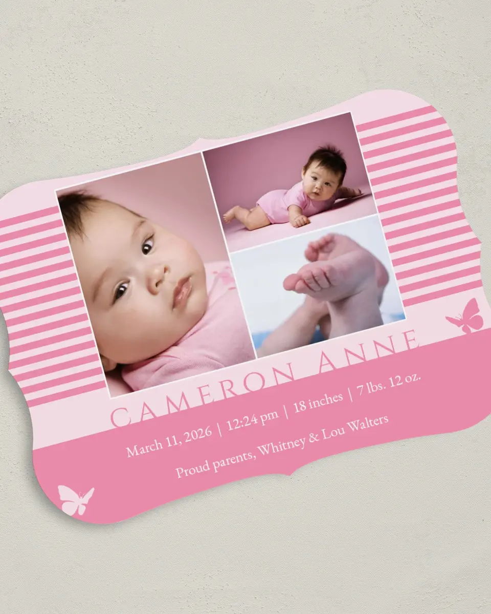 This is a 5" x 7" Birth Announcement Card called Butterfly Baby printed in full color on Premium Smooth paper