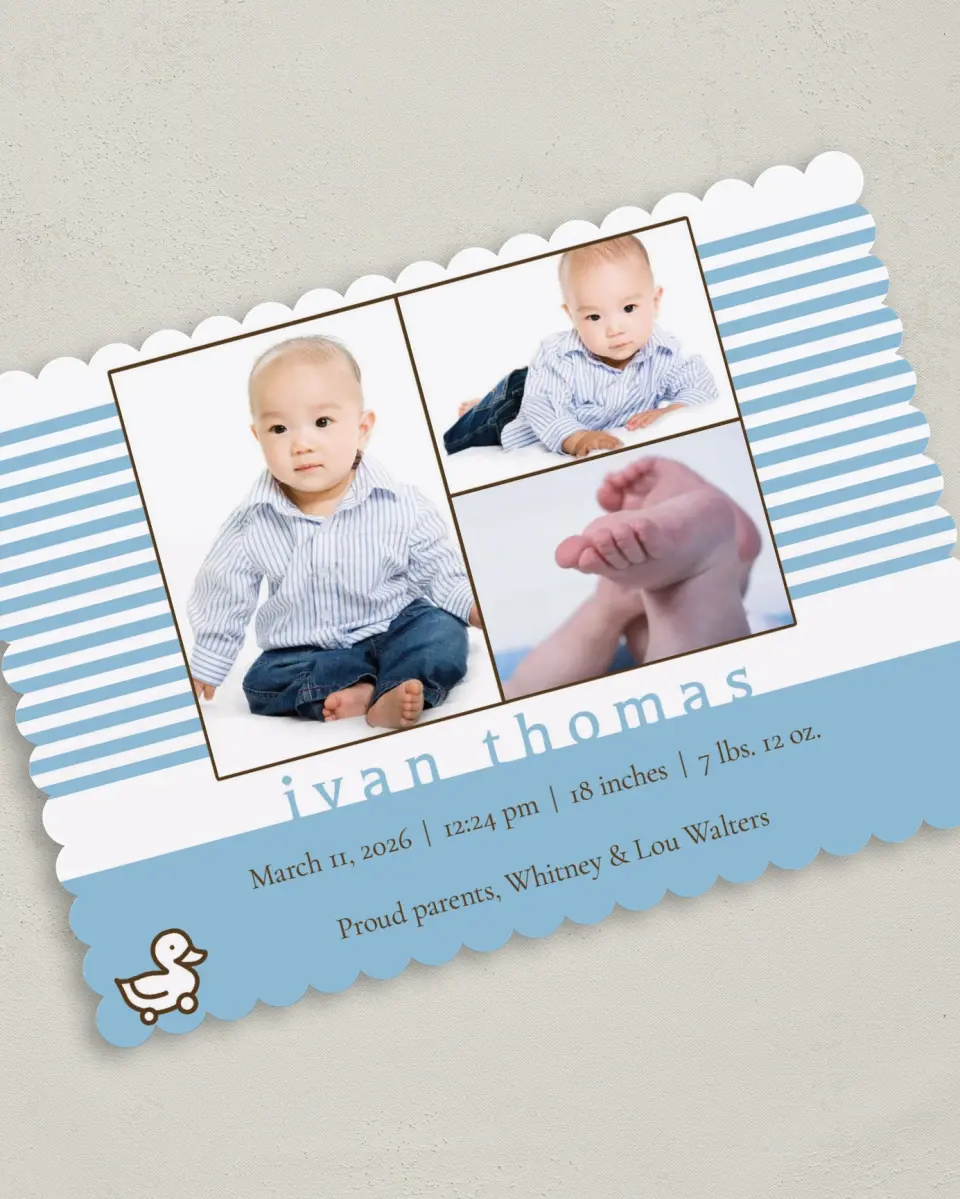 This is a 5" x 7" Birth Announcement Card called Classic Ducky printed in full color on Premium Smooth paper
