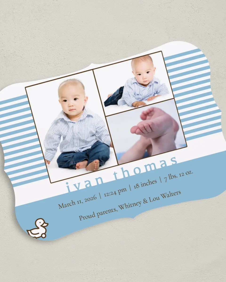This is a 5" x 7" Birth Announcement Card called Classic Ducky printed in full color on Premium Smooth paper