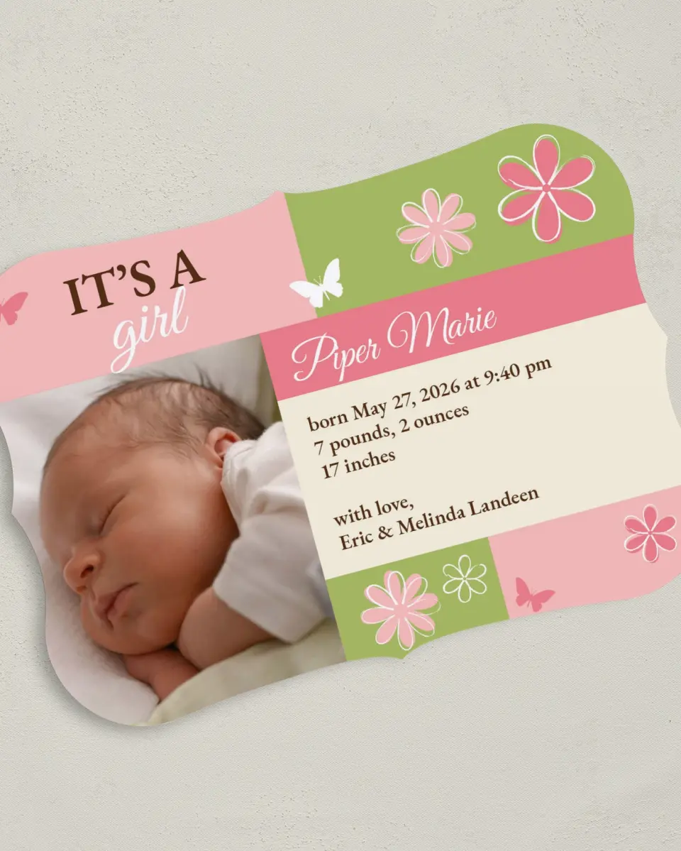This is a 5" x 7" Birth Announcement Card called Stylish Stems printed in full color on Premium Smooth paper