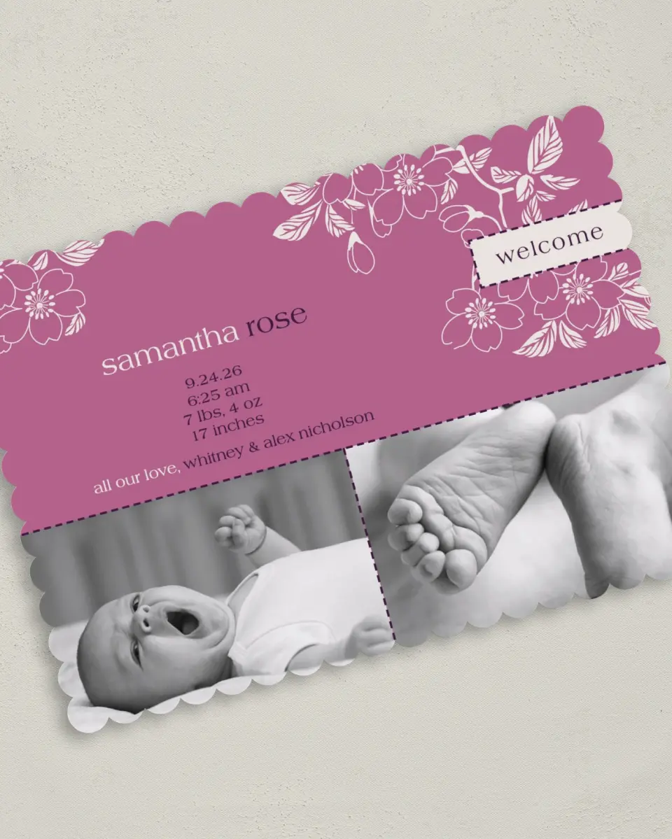 This is a 5" x 7" Birth Announcement Card called Baby Girl Blossom printed in full color on Premium Smooth paper
