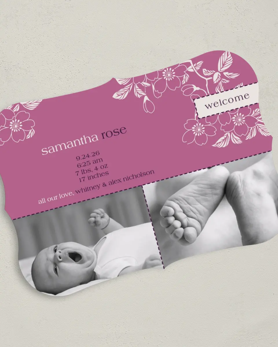 This is a 5" x 7" Birth Announcement Card called Baby Girl Blossom printed in full color on Premium Smooth paper