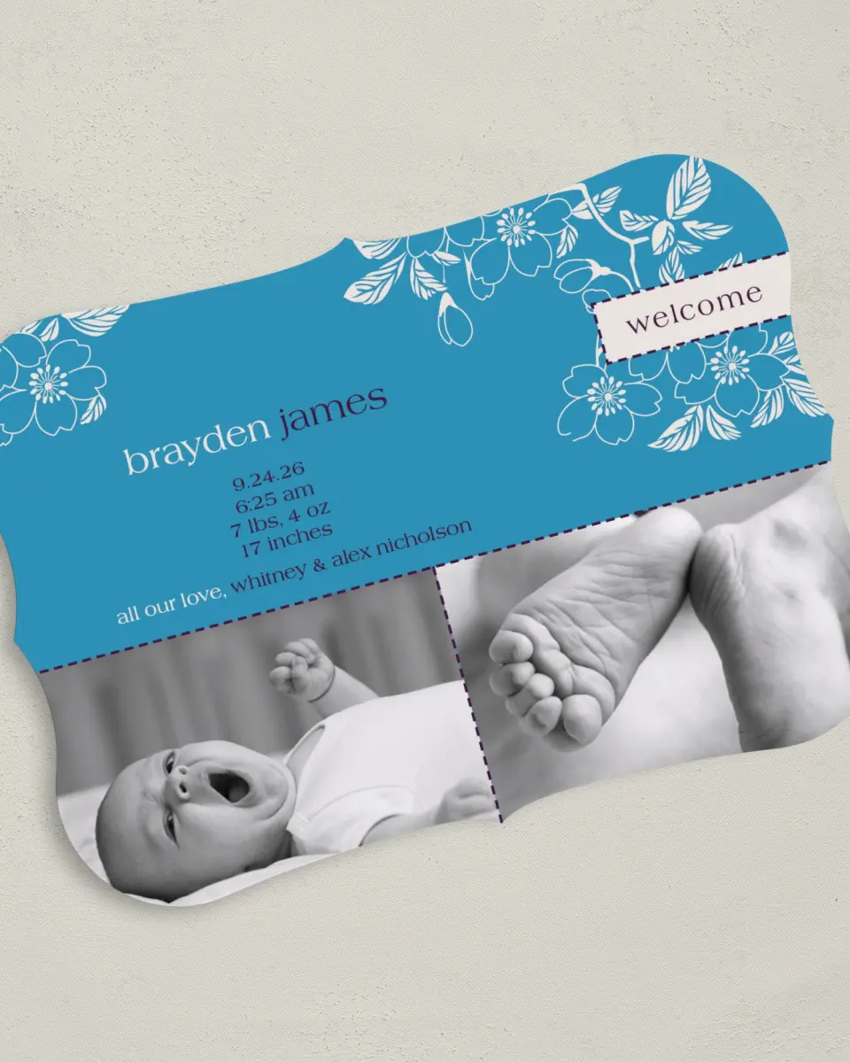 This is a 5" x 7" Birth Announcement Card called Baby Boy Blossom printed in full color on Premium Smooth paper