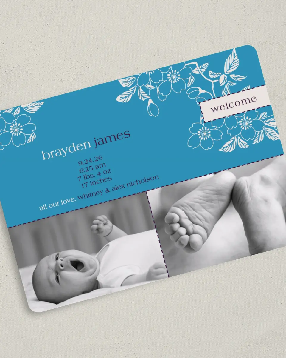This is a 5" x 7" Birth Announcement Card called Baby Boy Blossom printed in full color on Premium Smooth paper
