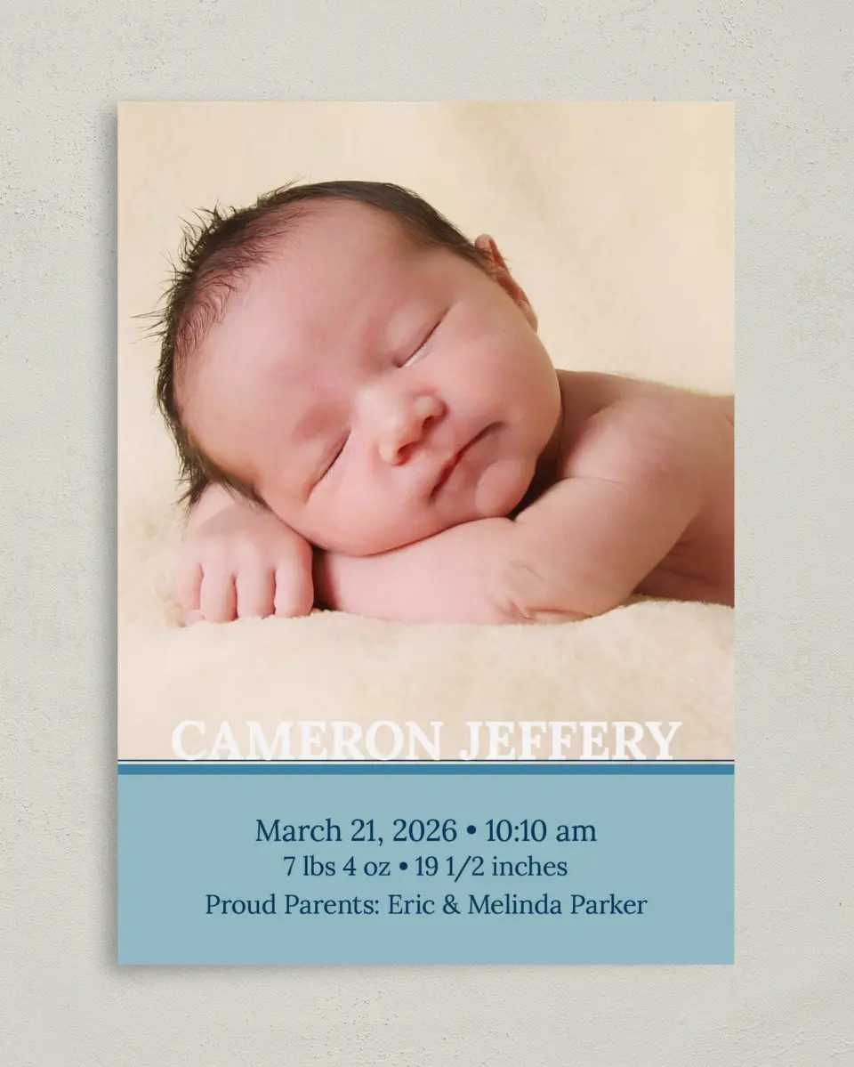 This is a 5" x 7" Birth Announcement Card called Blissful - Boy printed in full color on Premium Smooth paper