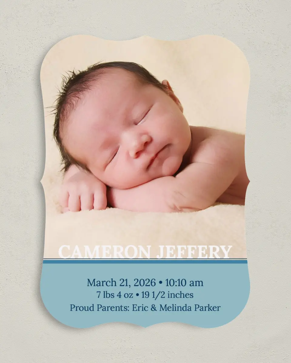 This is a 5" x 7" Birth Announcement Card called Boy printed in full color on Premium Smooth paper