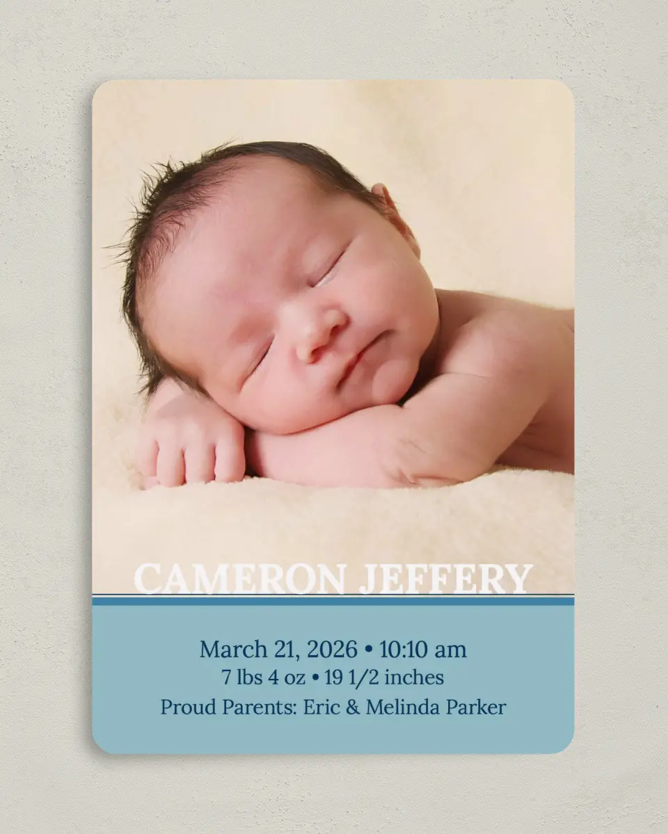 This is a 5" x 7" Birth Announcement Card called Blissful - Boy printed in full color on Premium Smooth paper