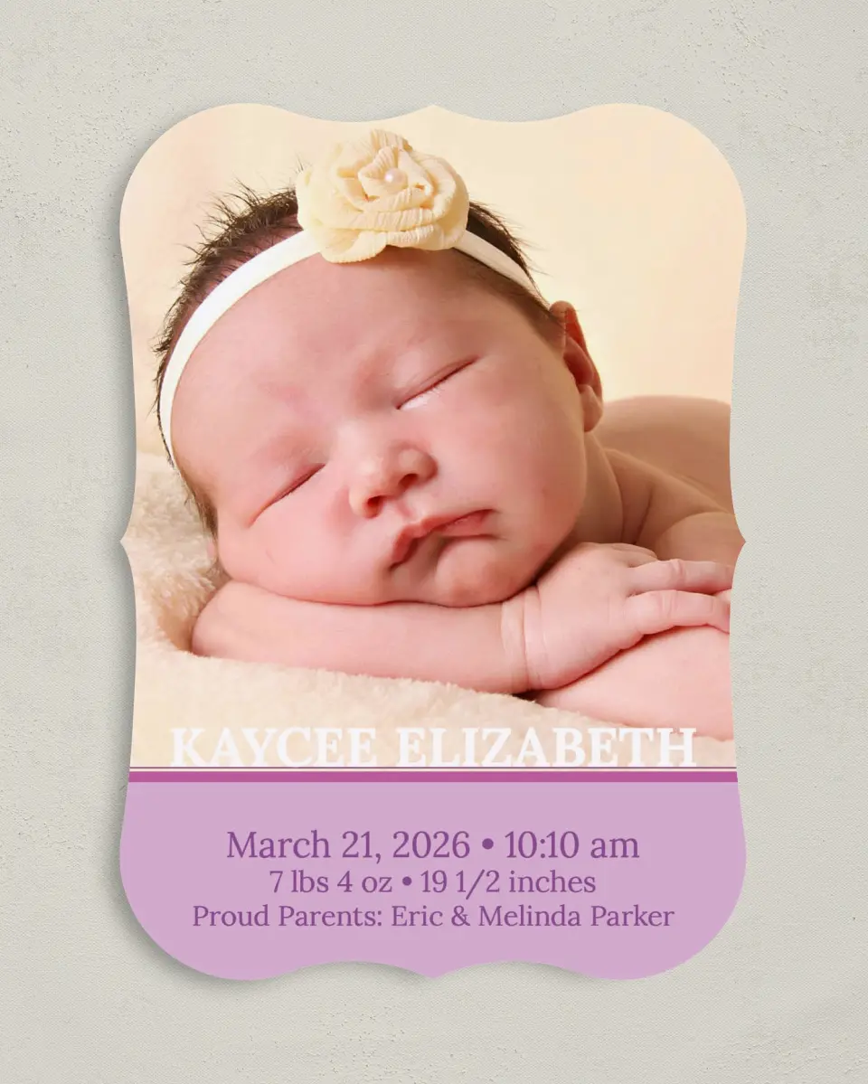 This is a 5" x 7" Birth Announcement Card called Girl printed in full color on Premium Smooth paper