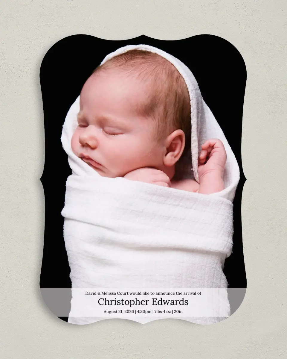 This is a 5" x 7" Birth Announcement Card called Wrapped in Love printed in full color on Premium Smooth paper