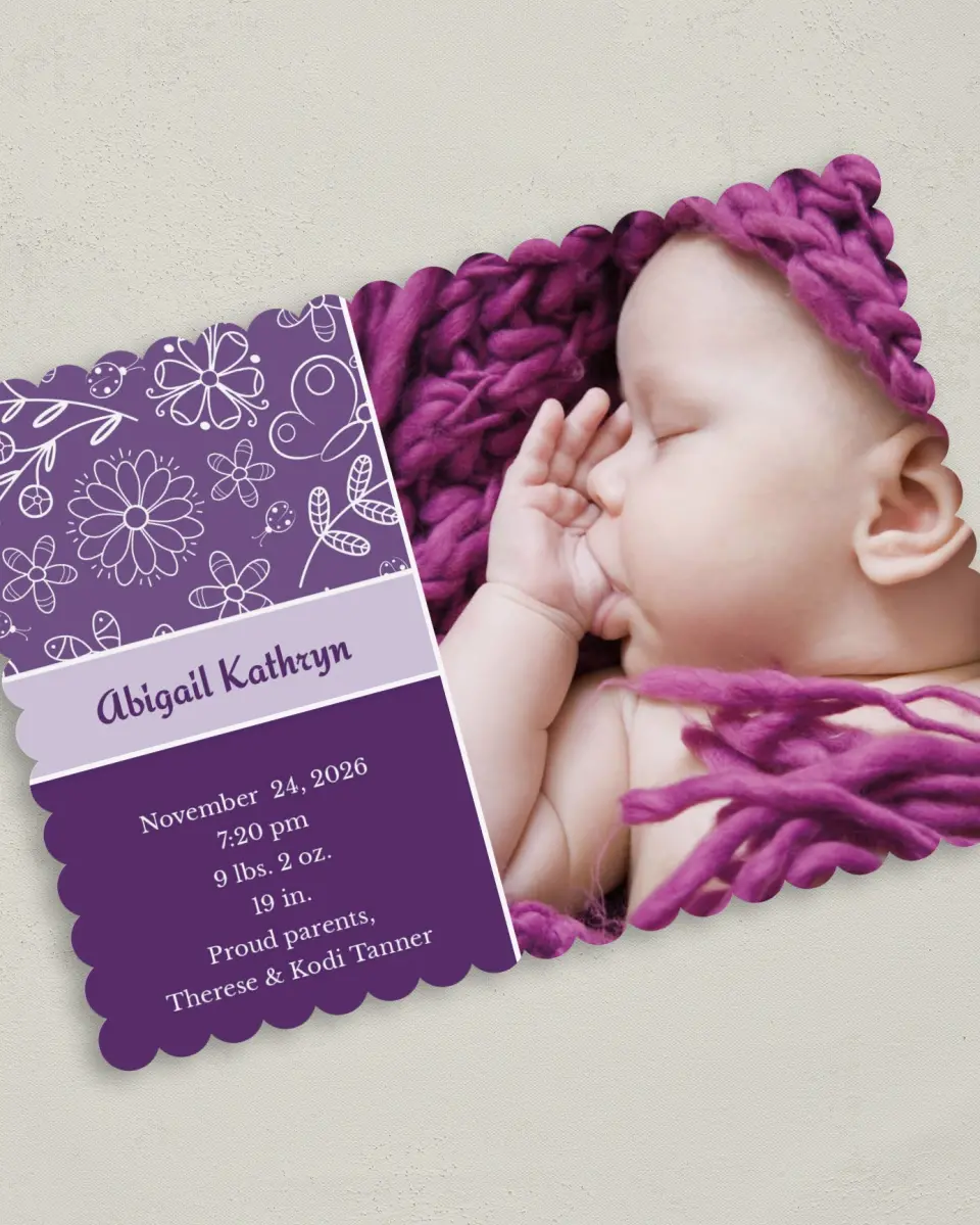 This is a 5" x 7" Birth Announcement Card called Girly Girl printed in full color on Premium Smooth paper