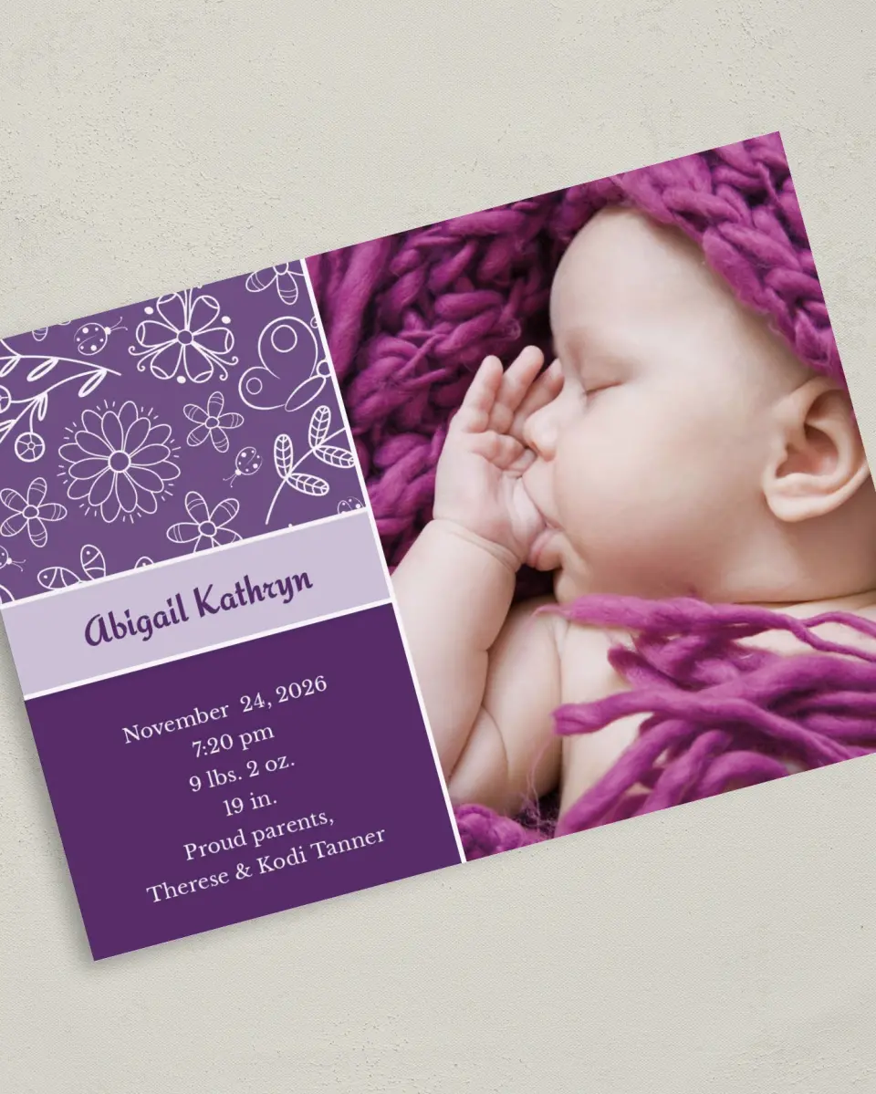 This is a 5" x 7" Birth Announcement Card called Girly Girl printed in full color on Premium Smooth paper