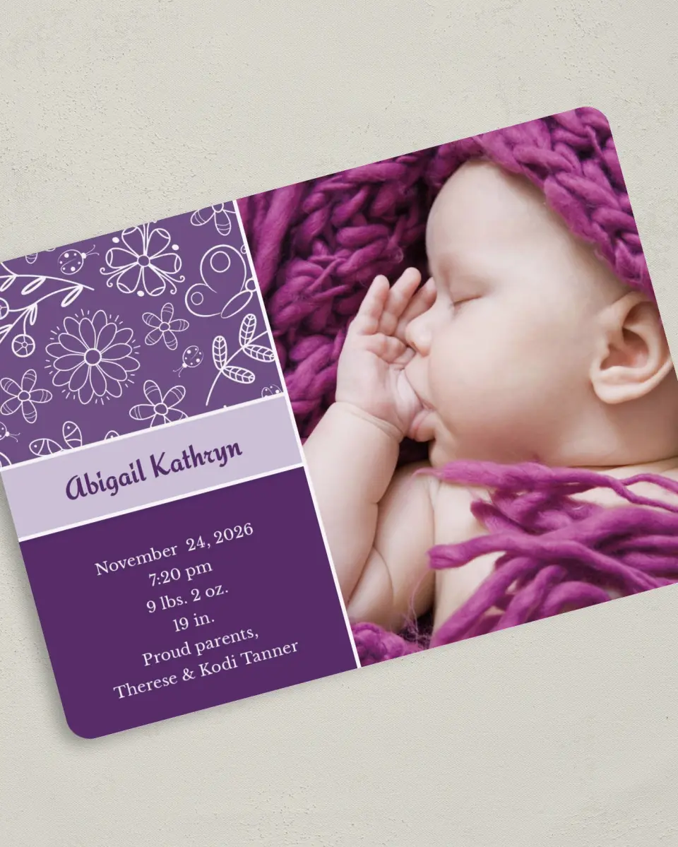 This is a 5" x 7" Birth Announcement Card called Girly Girl printed in full color on Premium Smooth paper