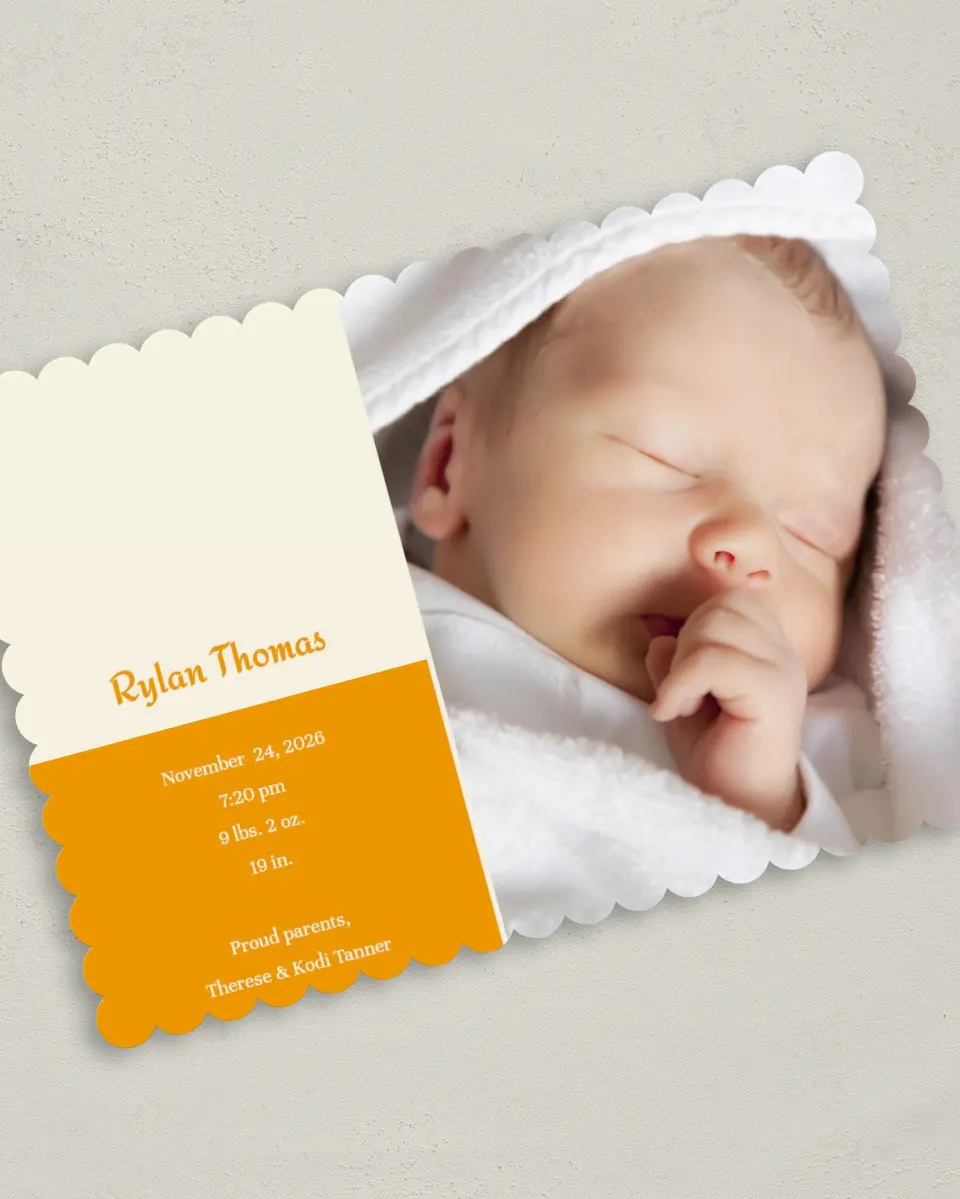 This is a 5" x 7" Birth Announcement Card called Vroom, Vroom printed in full color on Premium Smooth paper