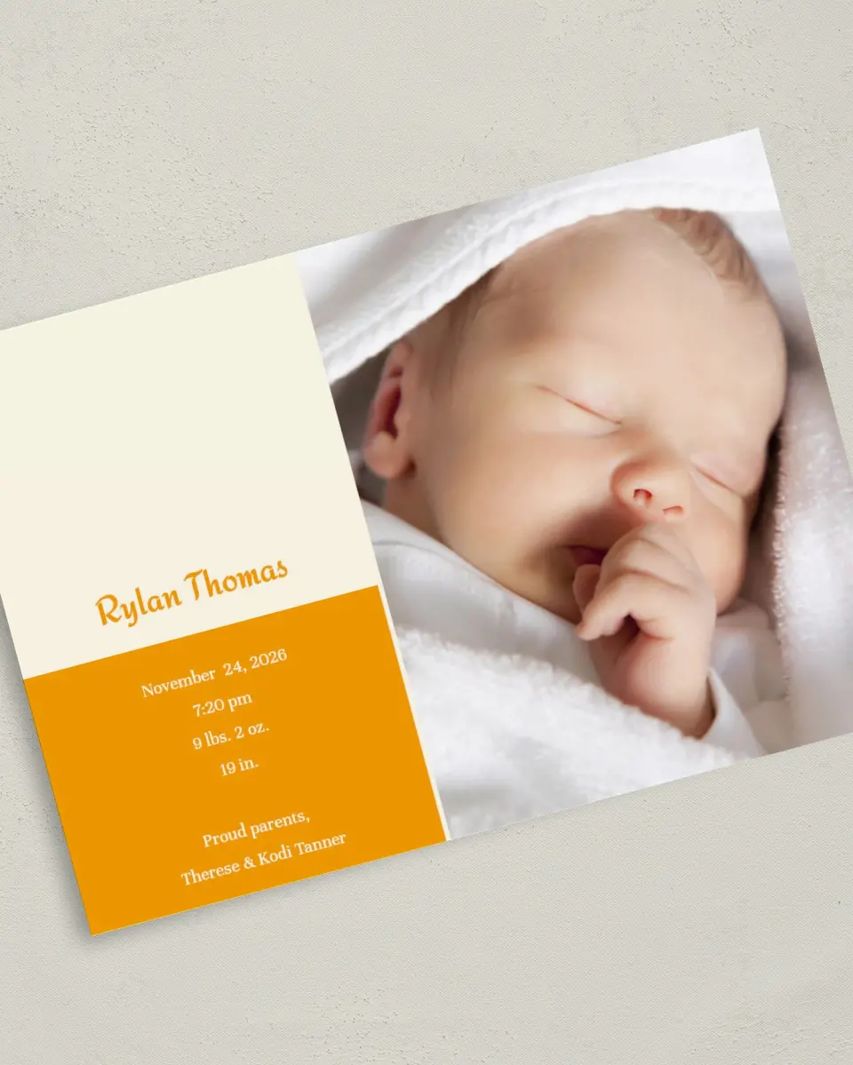 This is a 5" x 7" Birth Announcement Card called Vroom, Vroom printed in full color on Premium Smooth paper