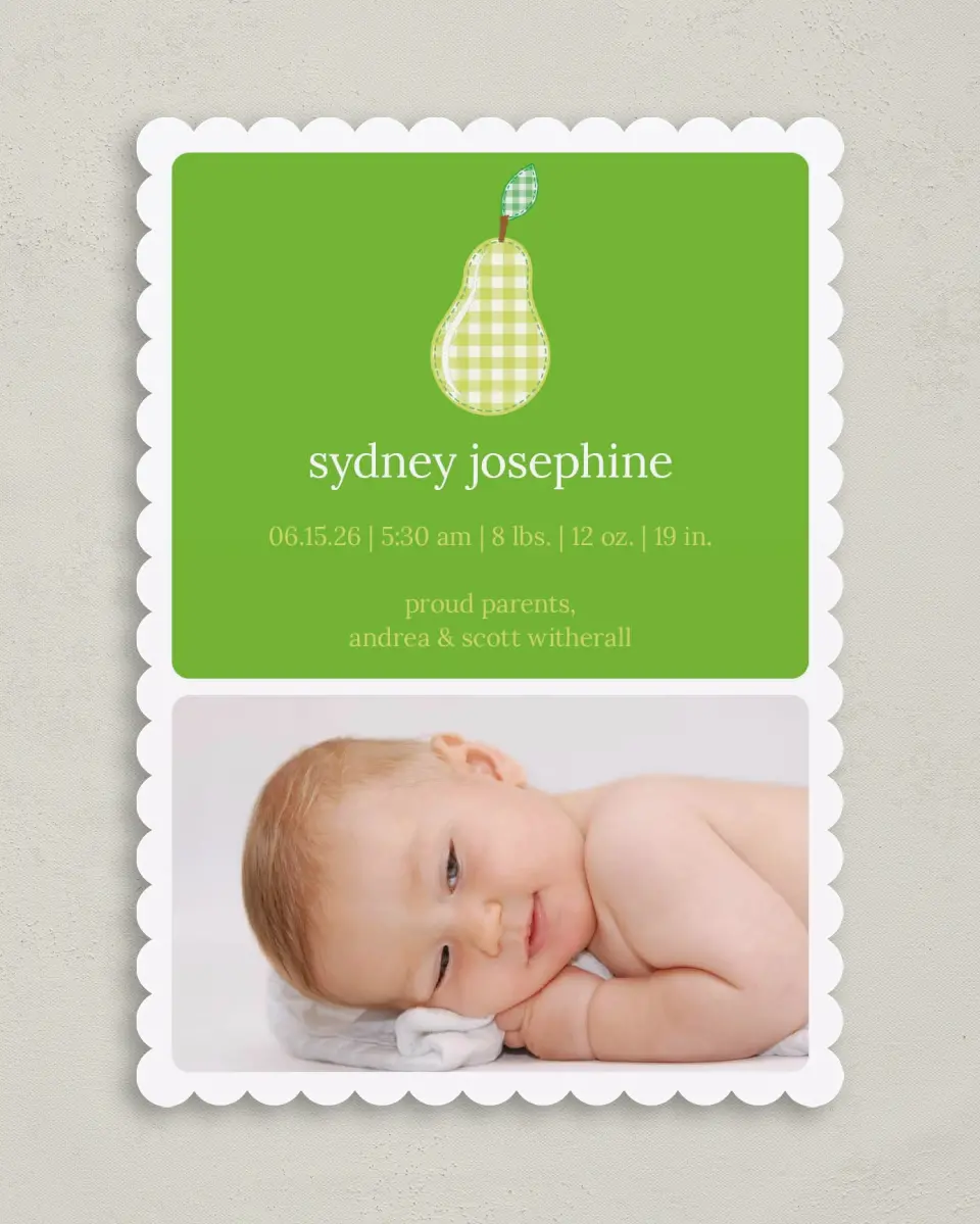 This is a 5" x 7" Birth Announcement Card called Pear printed in full color on Premium Smooth paper