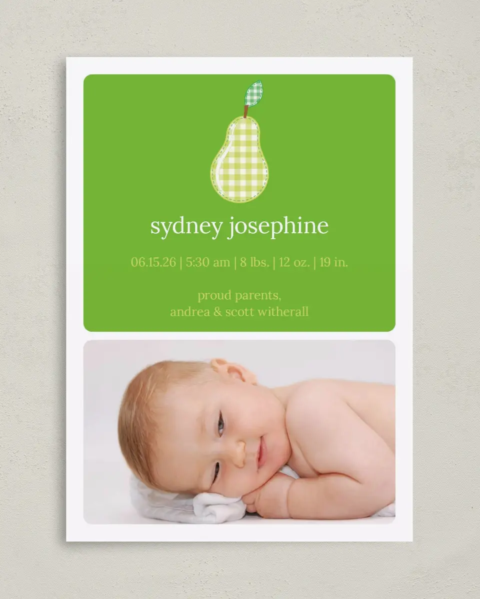 This is a 5" x 7" Birth Announcement Card called Pear printed in full color on Premium Smooth paper