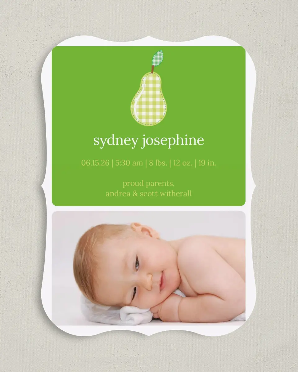 This is a 5" x 7" Birth Announcement Card called Pear printed in full color on Premium Smooth paper