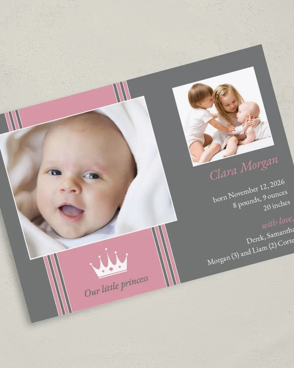 This is a 5" x 7" Birth Announcement Card called Our Little Princess printed in full color on Premium Smooth paper