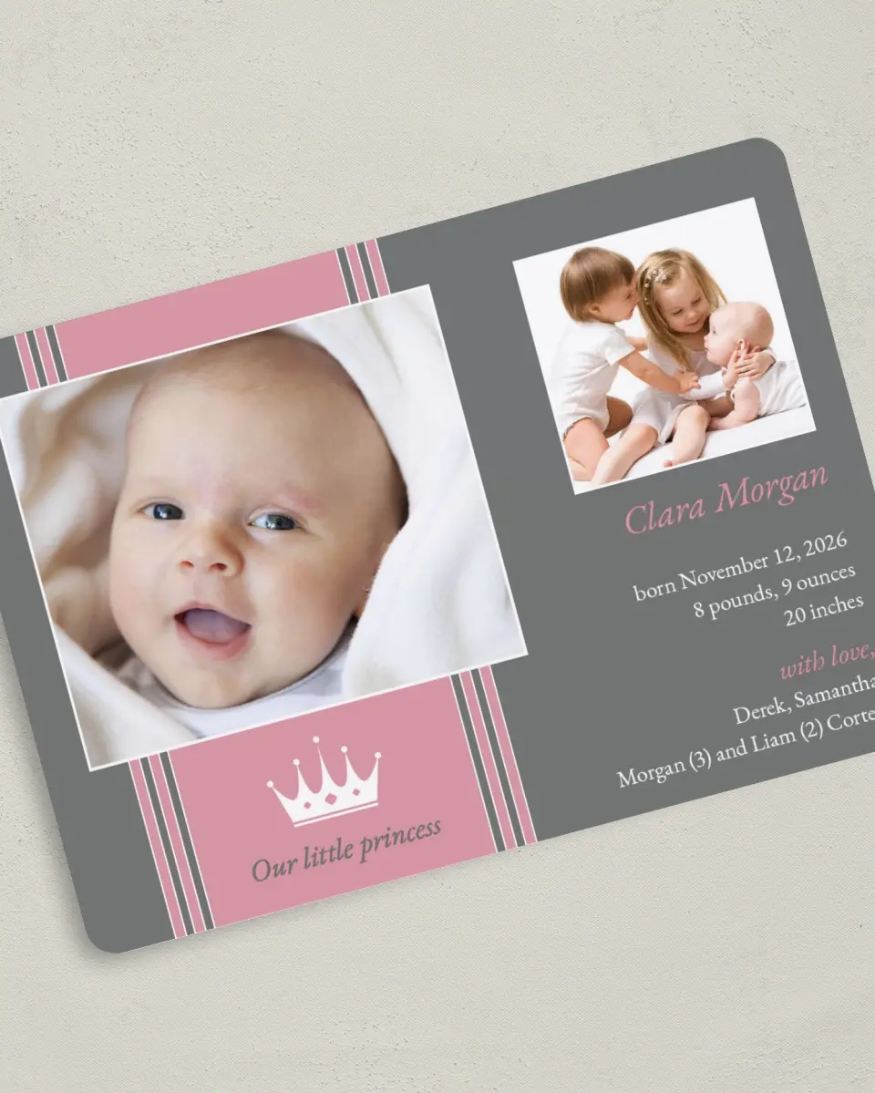 This is a 5" x 7" Birth Announcement Card called Our Little Princess printed in full color on Premium Smooth paper