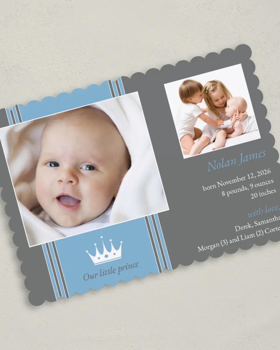 This is a 5" x 7" Birth Announcement Card called Our Little Prince printed in full color on Premium Smooth paper