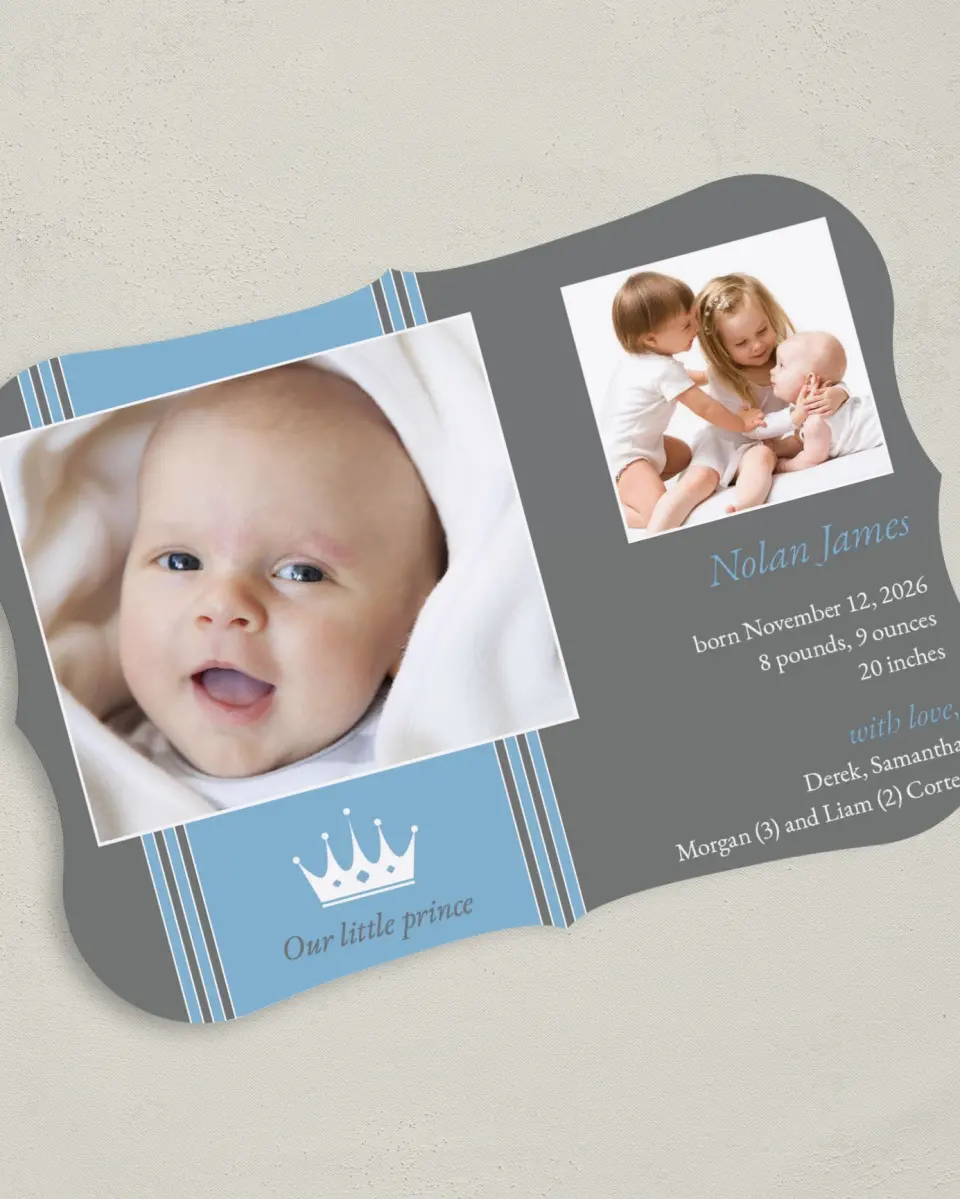 This is a 5" x 7" Birth Announcement Card called Our Little Prince printed in full color on Premium Smooth paper