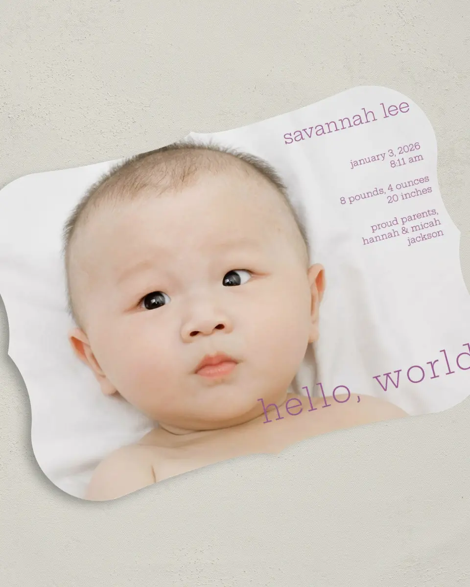 This is a 5" x 7" Birth Announcement Card called Hello, World printed in full color on Premium Smooth paper