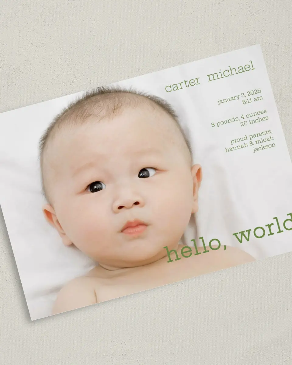 This is a 5" x 7" Birth Announcement Card called Hello, World printed in full color on Premium Smooth paper