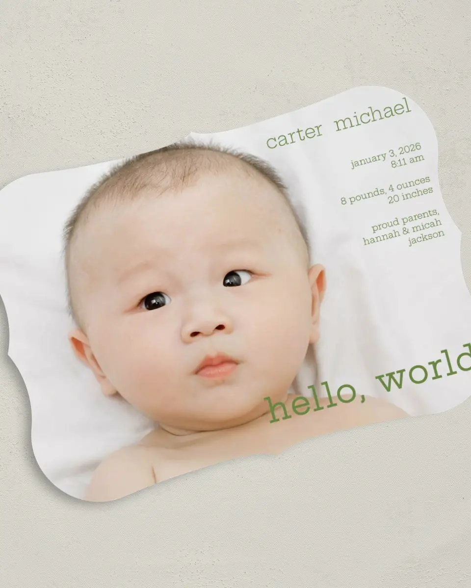 This is a 5" x 7" Birth Announcement Card called Hello, World printed in full color on Premium Smooth paper