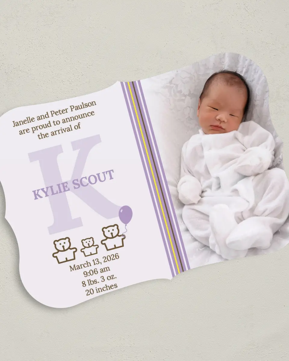 This is a 5" x 7" Birth Announcement Card called Three Little Bears printed in full color on Premium Smooth paper