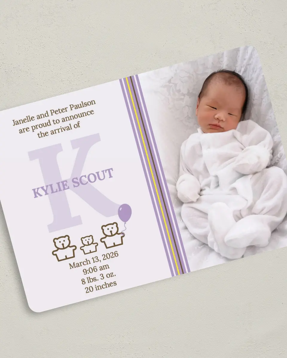 This is a 5" x 7" Birth Announcement Card called Three Little Bears printed in full color on Premium Smooth paper