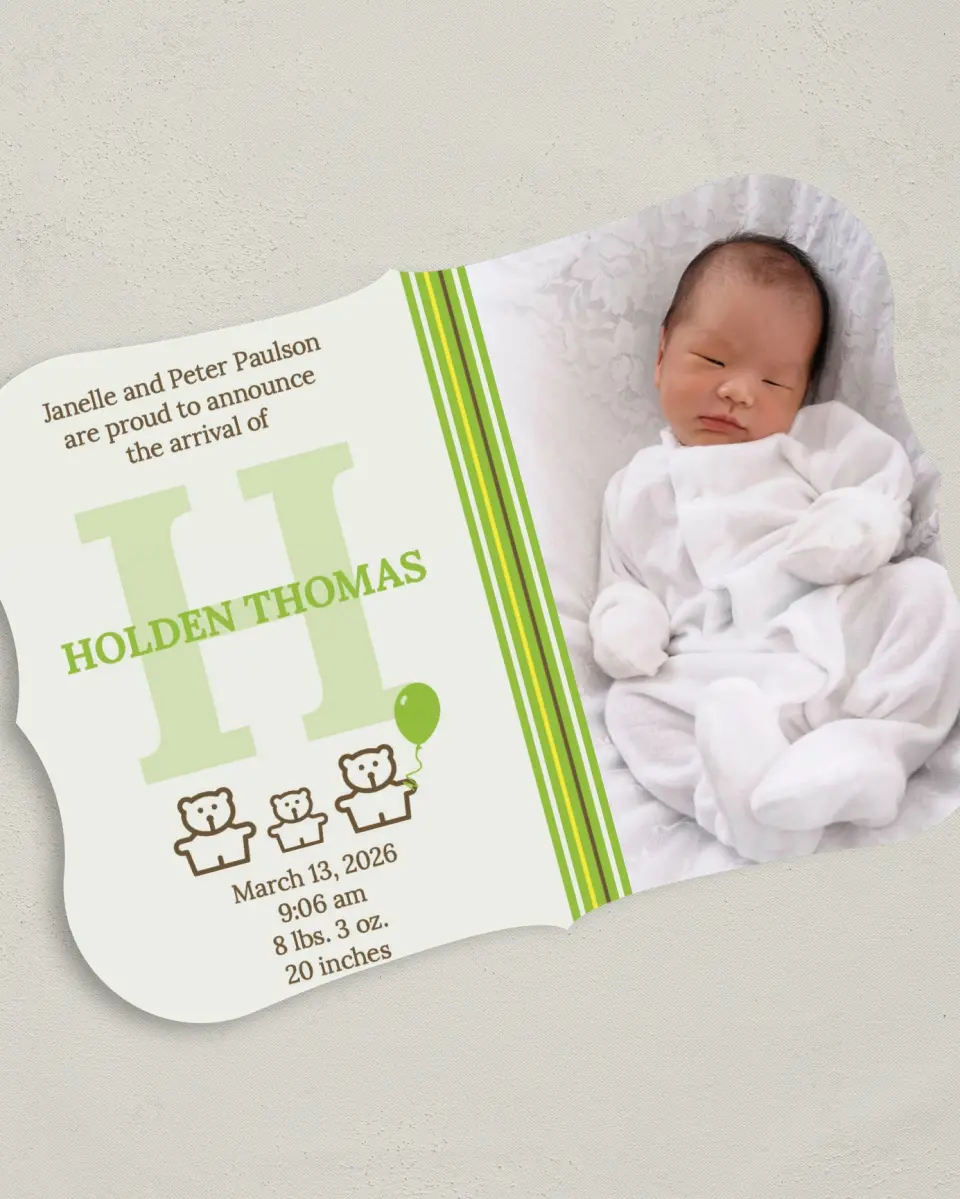 This is a 5" x 7" Birth Announcement Card called Three Little Bears printed in full color on Premium Smooth paper