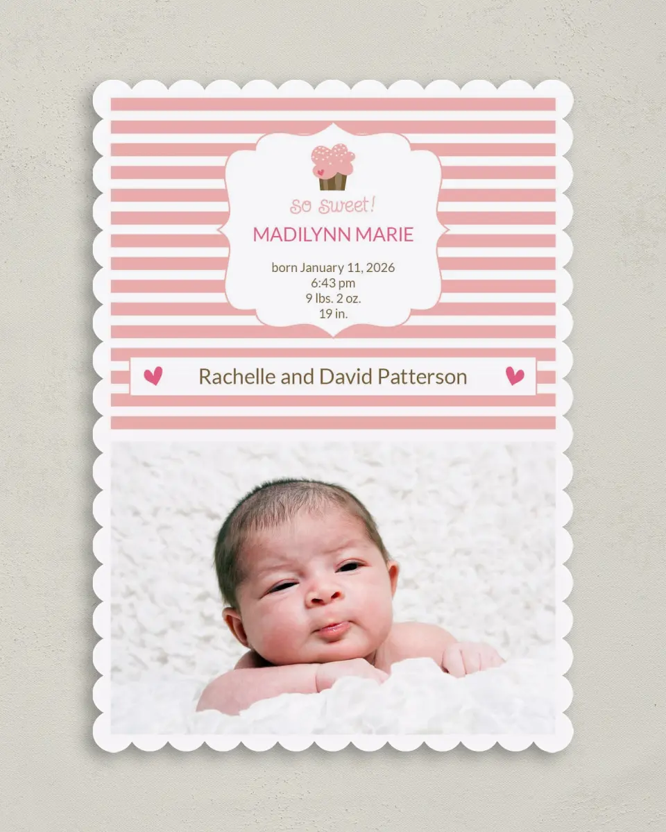 This is a 5" x 7" Birth Announcement Card called So Sweet printed in full color on Premium Smooth paper
