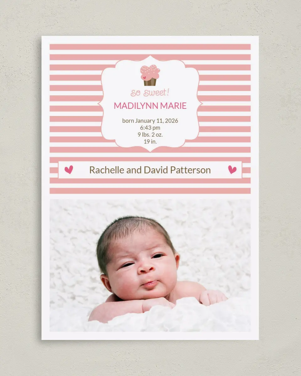 This is a 5" x 7" Birth Announcement Card called So Sweet printed in full color on Premium Smooth paper