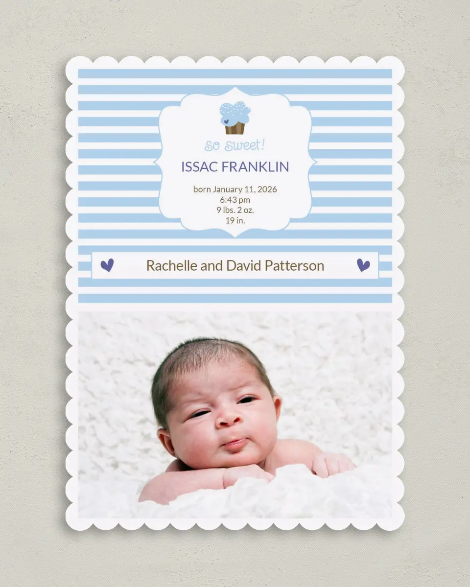 This is a 5" x 7" Birth Announcement Card called So Sweet printed in full color on Premium Smooth paper