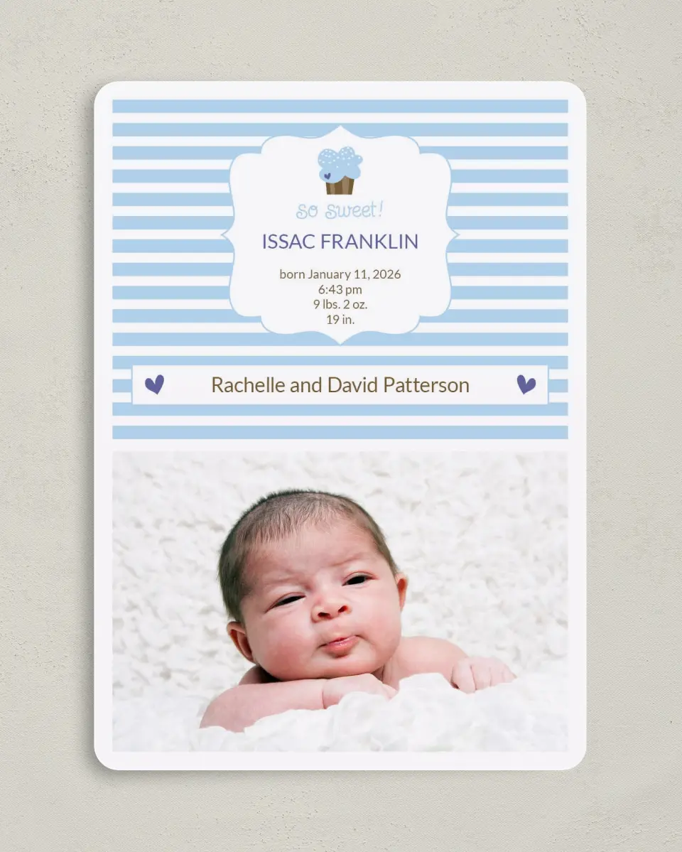 This is a 5" x 7" Birth Announcement Card called So Sweet printed in full color on Premium Smooth paper
