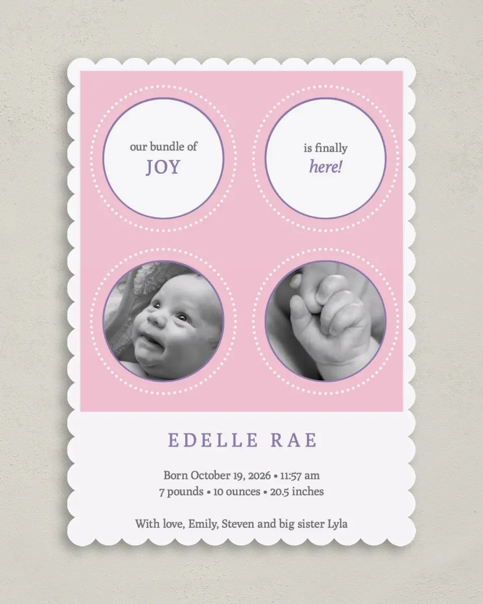 This is a 5" x 7" Birth Announcement Card called Bundle of Joy printed in full color on Premium Smooth paper