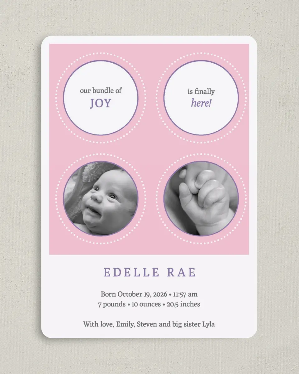 This is a 5" x 7" Birth Announcement Card called Bundle of Joy printed in full color on Premium Smooth paper