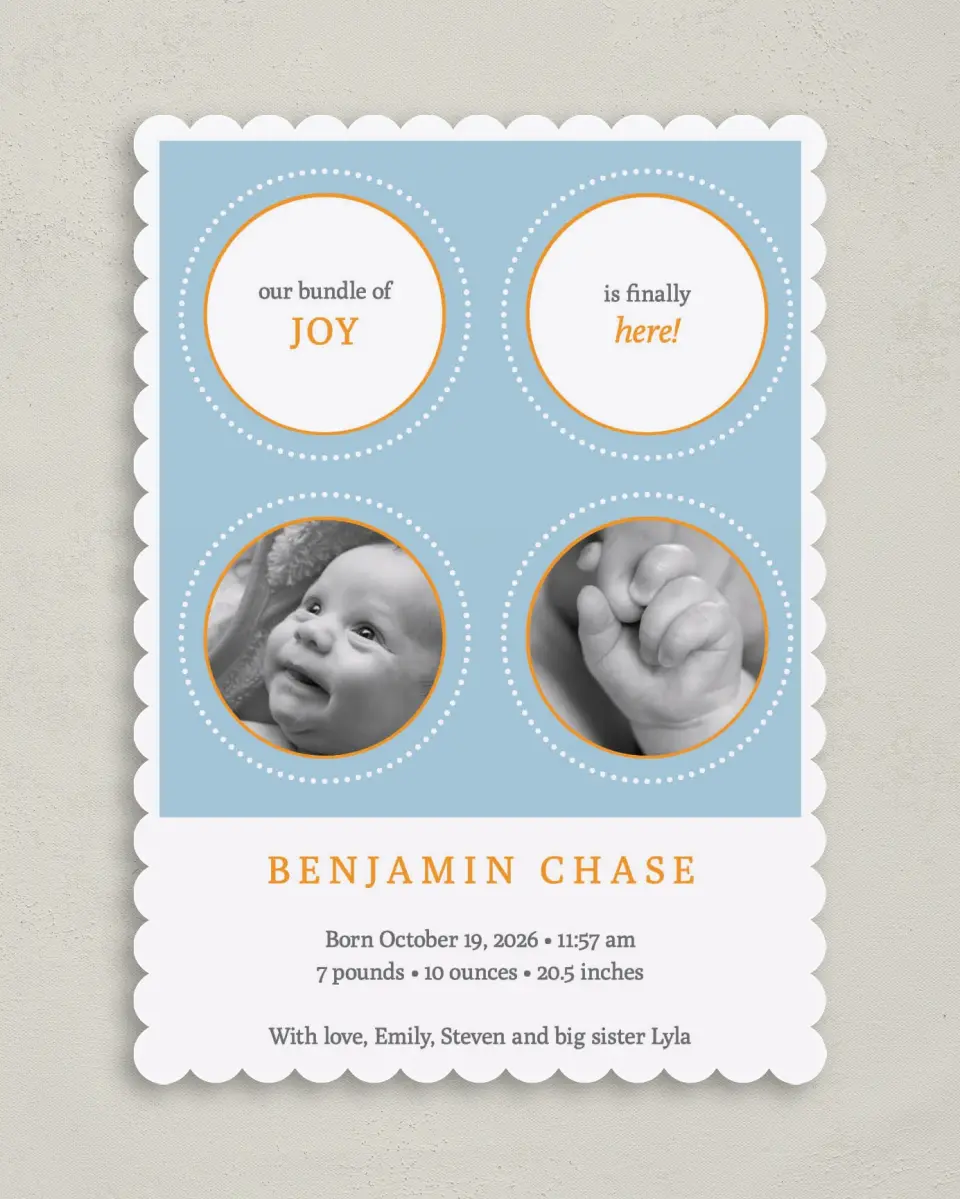 This is a 5" x 7" Birth Announcement Card called Bundle of Joy printed in full color on Premium Smooth paper