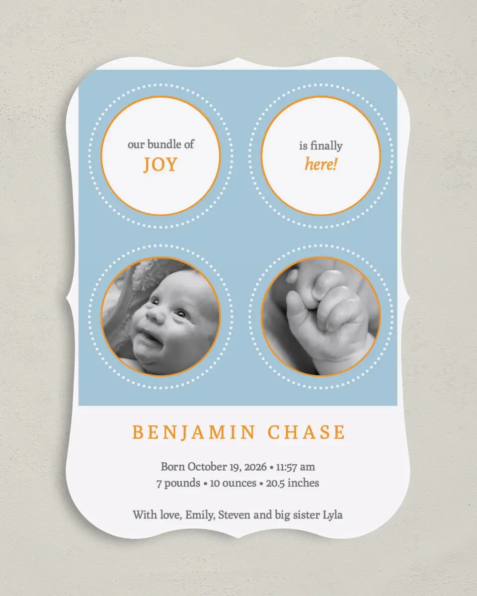 This is a 5" x 7" Birth Announcement Card called Bundle of Joy printed in full color on Premium Smooth paper