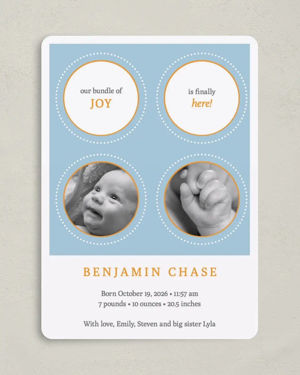 This is a 5" x 7" Birth Announcement Card called Bundle of Joy printed in full color on Premium Smooth paper