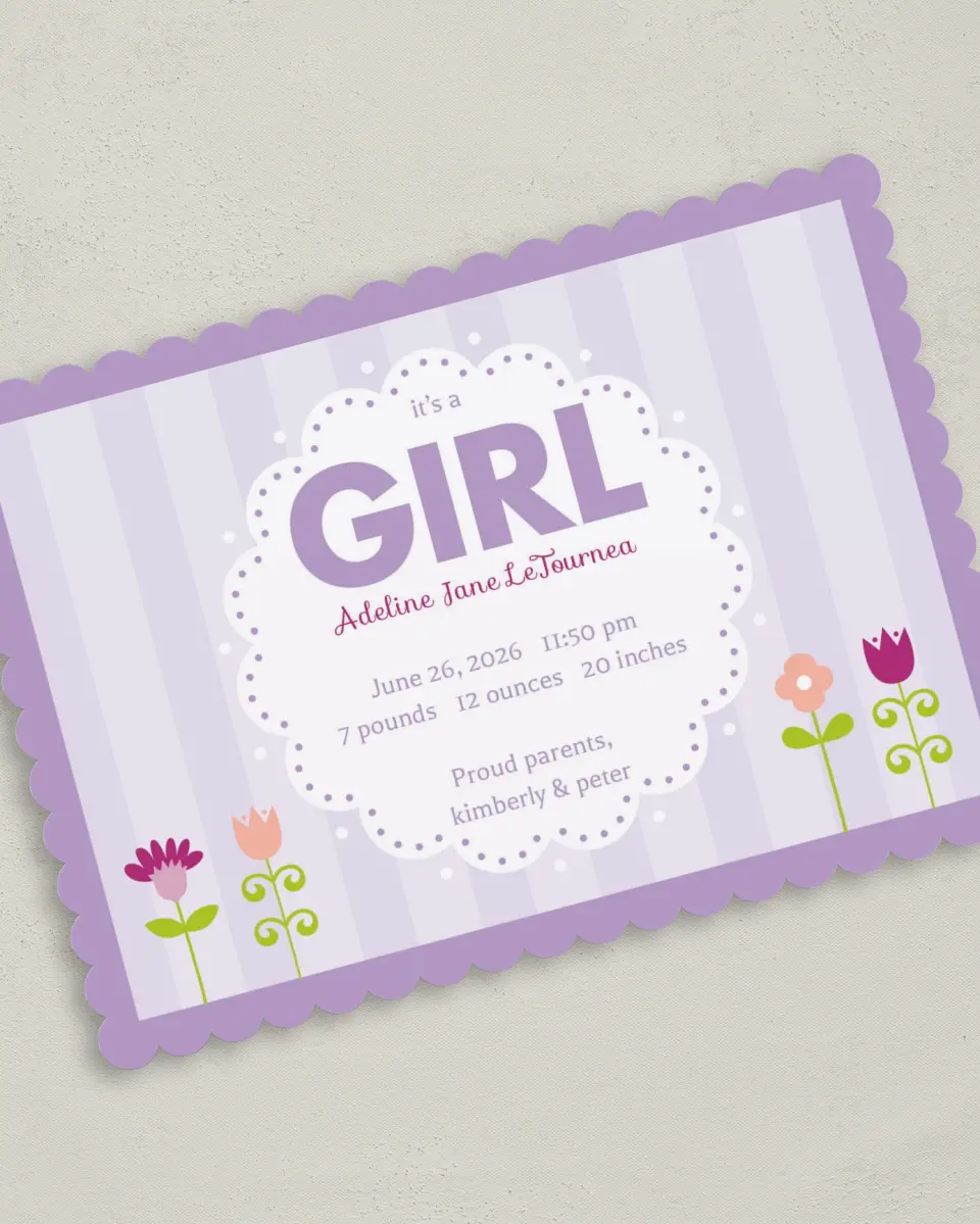 This is a 5" x 7" Birth Announcement Card called It's A ... printed in full color on Premium Smooth paper